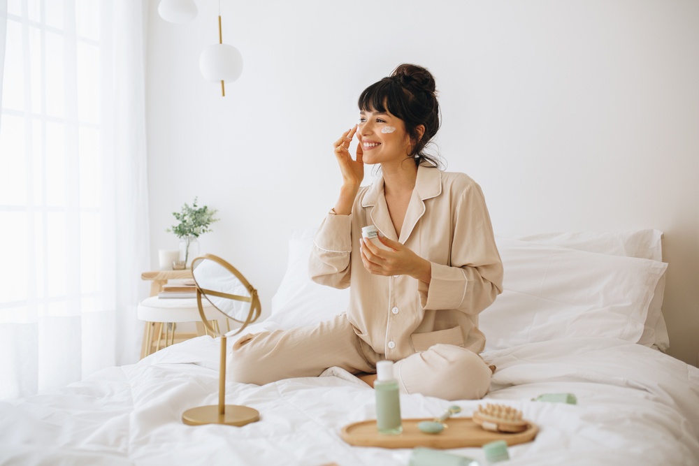 woman practicing self care at home